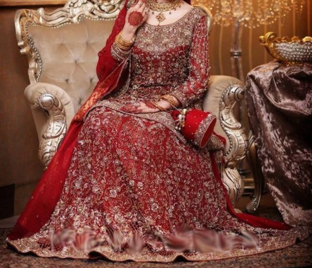 Embroidered Pakistani Red Bridal Lehenga with Short Frock  Nameera by  Farooq